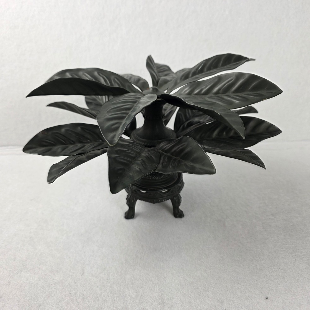 Vintage Black Metal Palm Leaf Sculpture Ornate Footed Pedestal Tabletop Decor